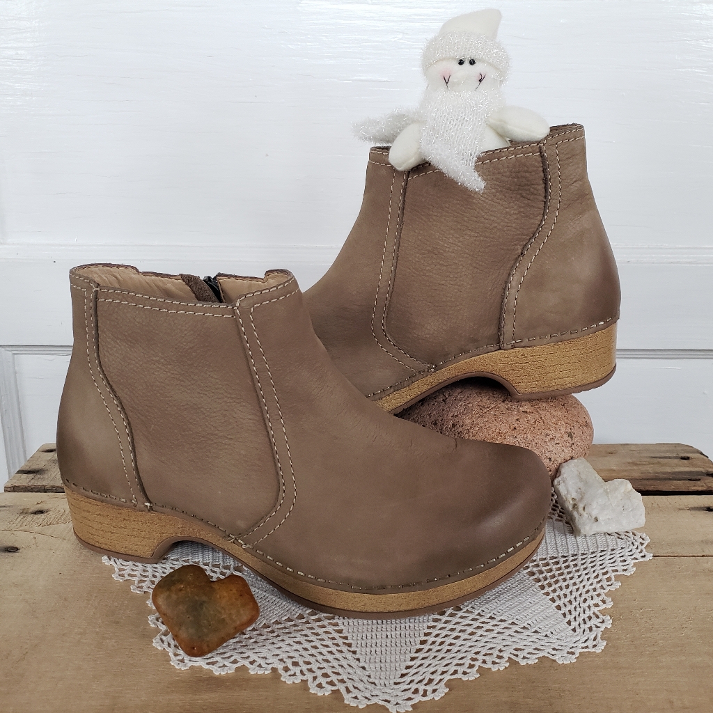 Taupe Dansko Barbara Bootie Burnished Nubuck Side Zip Ankle Boho Cottage Prairie